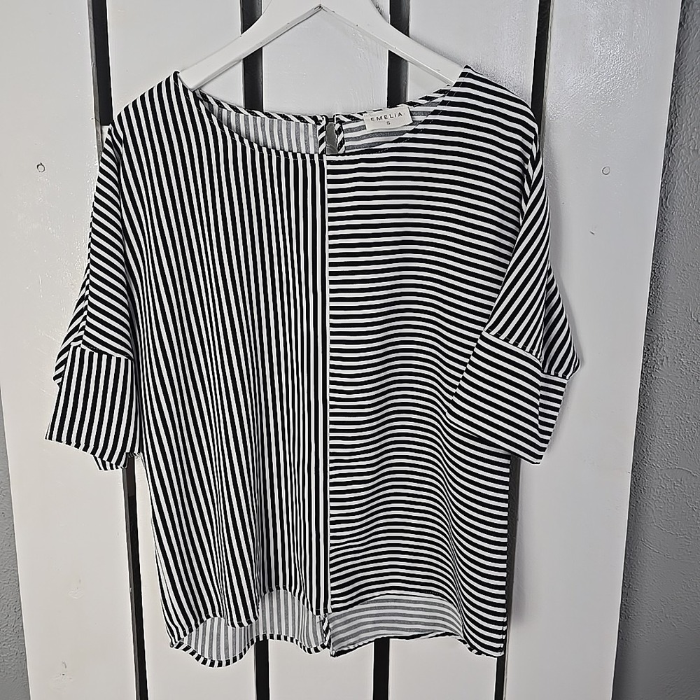 Emelia Women's Oversized Boxy Striped Blouse Top Black White‎ S Casual Workwear